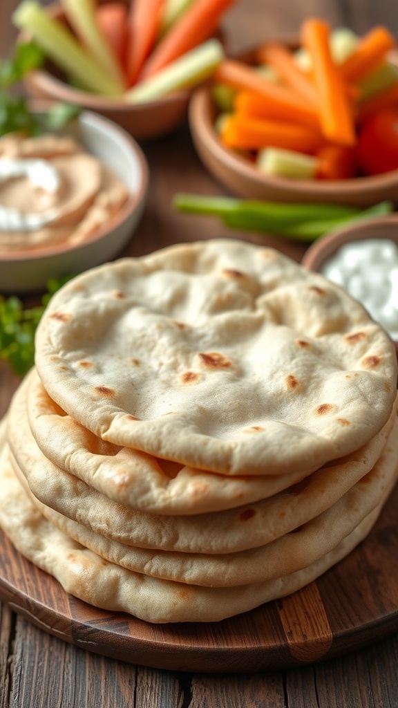 Freshly baked pita bread stacked on a wooden table, with dips and vegetables.